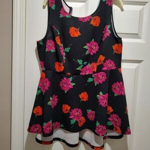 Torrid Black Blouse with Pink and Orange Floral Design